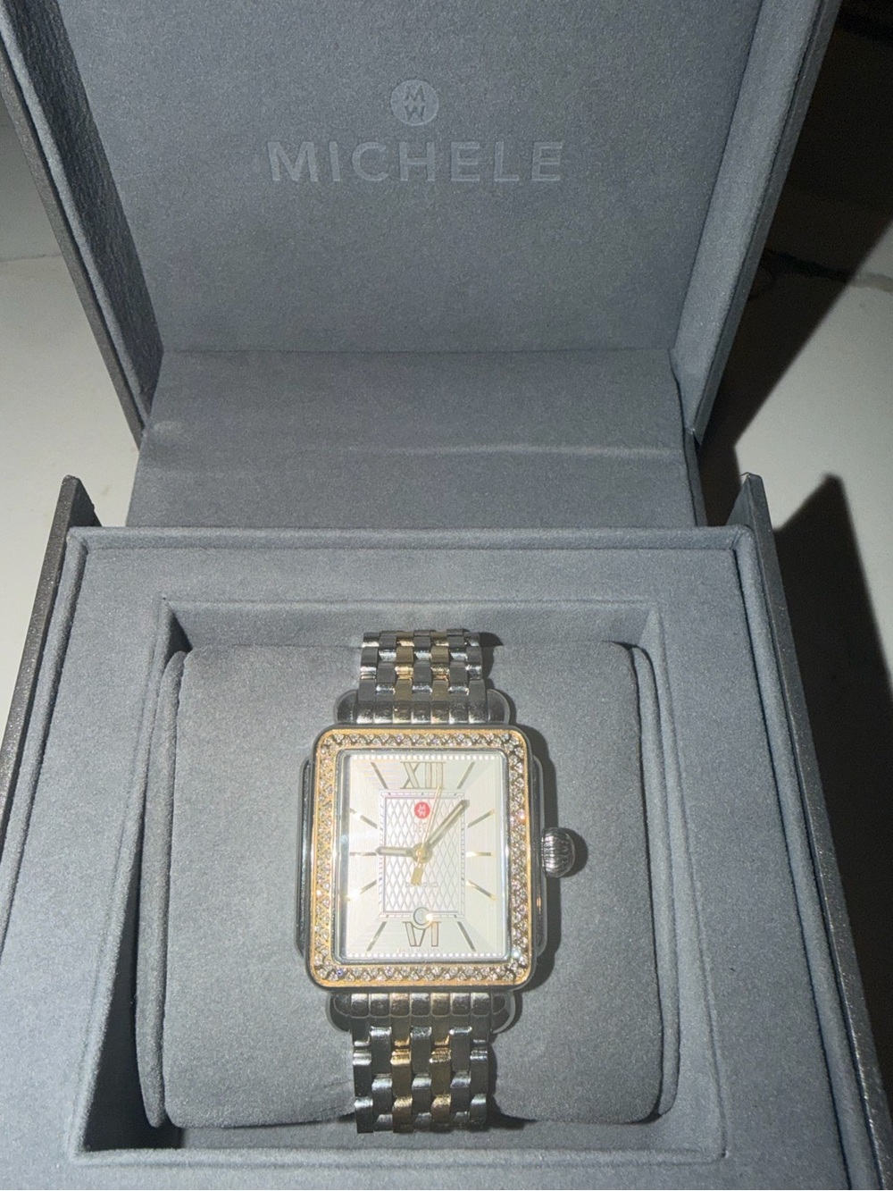 Michele Two-Tone Square Face Womens Watch with Diamond Bezel